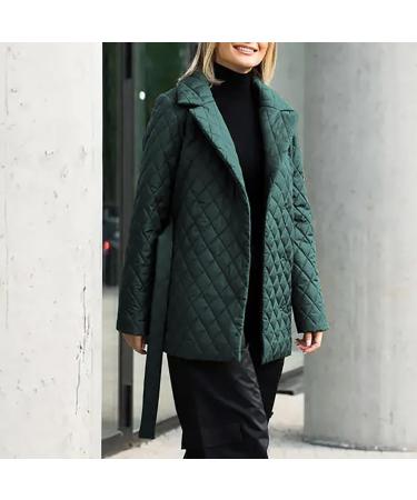 Women's Lightweight Diamond Quilted Jacket Coat with Tie Waist Belt Lapel Button Fall Winter Outerwear Pockets Green#6 Large - Buy Online on GoSupps.com