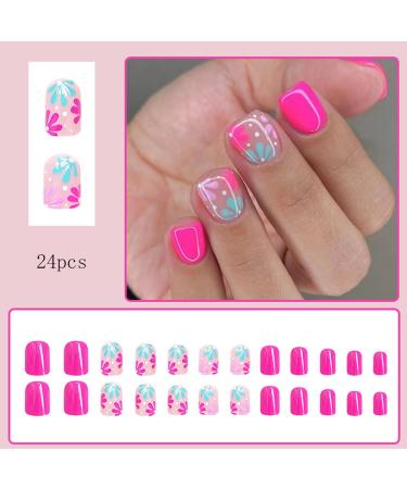 Flower Press On Nails - Short Square Fake Nails with Light Blue Pink Floral Design | Glossy Reusable Glue On Nails for Women | 24 Pack AA-10 - Buy Online on GoSupps.com