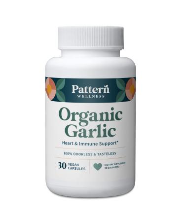 Pattern Wellness Odorless Organic Garlic - 1000mg - Healthy Immune, Circulatory & Cardiovascular Support - Happy & Healthy Heart - Non-GMO & Gluten Free - USA Manufactured - 30 Vegan Capsules