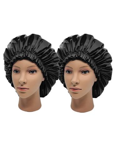 ELEBOX 2 PCS Shower Cap for Women Long Hair Bath Cap Waterproof Super Jumbo Shower Caps for Braids Black