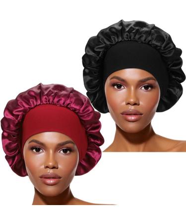 2-Piece Wide Band Satin Sleep Bonnet Set for Women - Black and Wine Red - Buy Online on GoSupps.com