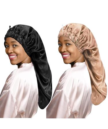 LadayPoa 2 Pcs Long Satin Sleep Cap for Women Girls Silky Cap for Sleeping Large Satin Bonnet Single Layer Sleep Cap with Button for Long Curly Hair Protection Black+Khaki