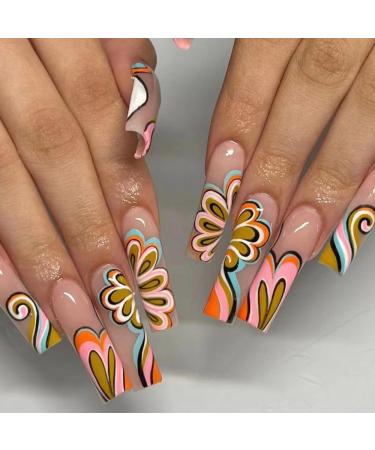 Long Press on Nails Square Ballet Brown Fake Nails Glue on Nails with Colorful Floral Heart Design Manicure Acrylic Women False Nails with Glue Gel Stick on Nail for Wedding Birthday DKL565A Brown 26 Piece Set