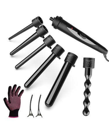 6 in 1 Wand Curling Iron Set 6 Interchangeable Ceramic Barrel Curling Wands (0.35"-1") Instant Heat Up(15S) Easy for Beginner with Heat Protective Glove and 2 Clips Black