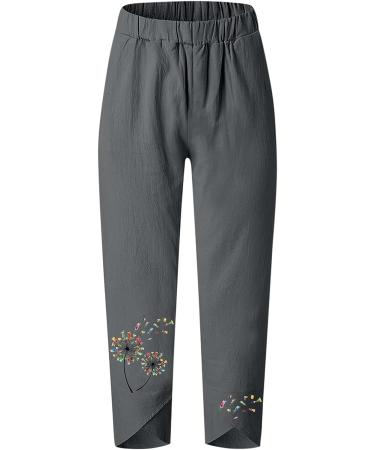 Womens Cotton Linen High Waist Capri Pants | Plus Size Summer Crop Pants Grey, XL - Buy Online on GoSupps.com
