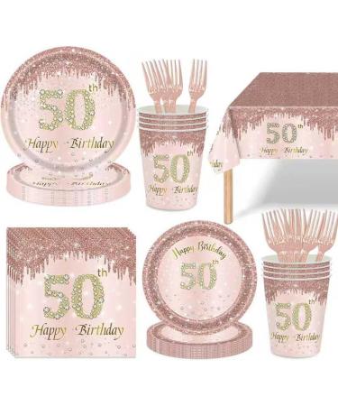 121Pcs 50th Birthday Party Supplies Rose Gold 50th Birthday Themed Disposable Tableware Plates Napkins Cups Forks Tablecloth Decorations Serves 24 Guests for Women 50 Years 50-ROSE-P