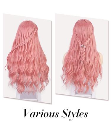 AISI BEAUTY Pink Wig with Bangs - 24 Inch Synthetic Long Wavy Pink Wig for Women - Halloween Cosplay Party Hairpiece - Buy Online on GoSupps.com