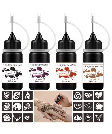 Temporary Tattoo Kit Jagua Gel Tattoos 4 Bottles Brown/Black/Red/ Purple(2oz) Semi-Permanent Tattoos Freehand Ink DIY Fake Freckles Tattoos 35 Pcs Free Tattoo Stickers Stencils