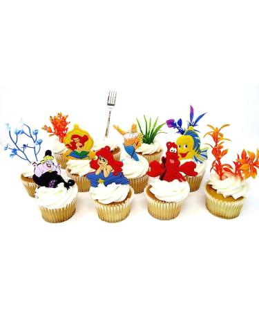 Little Mermaid Birthday Cake CUPCAKE Topper Set Featuring Characters from LITTLE MERMAID and Themed Decorative Accessories