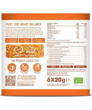 Piccolo Organic Oaty Bars Carrot & Orange 1 Year+ Toddler Snack - 120g - Buy Online on GoSupps.com