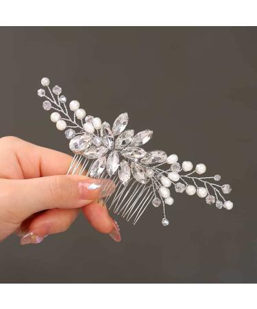 Catery Crystal Bride Wedding Hair Comb | Silver Bridal Hair Piece with Pearl Clips for Women & Girls - Buy Online on GoSupps.com