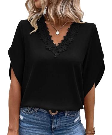 Socobeta Short Sleeve T Shirt Polyester Stylish Skin Friendly Lace Women V Neck Blouse for Office Work Black L - Buy Online on GoSupps.com