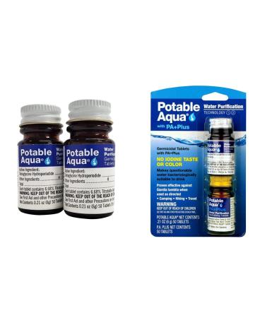 Potable Aqua Water Purification Water Treatment Tablets - 50 Count Twin Pack & Water Purification Tablets with PA Plus - Two 50 Count Bottles 100 Tablets - Twin pack Water Purification + Purification Tablets