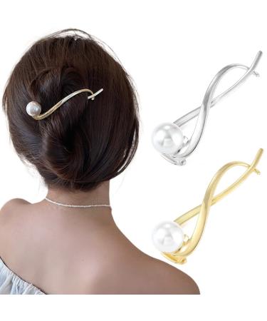 Brinie French Twist N Clip Pearl Banana Clip French Barrettes Jaw Hair Clips Slide Barrettes Bun Fixing Hairpins Ponytail Holder Hairpins Fashion Hair Accessories for Women and Girls (Pack of 2) (Type1)