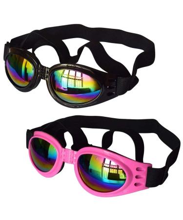 2 pieces of dog glasses adjustable straps dog glasses protection for trips skiing UV protection waterproof sunglasses for dogs (black pink)