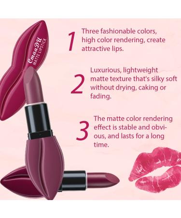 3Pcs Dark Purple Rose Red Mauve Matte Velvet Lipstick Set | Long-Lasting, Waterproof & Smudge-Proof | 24-Hour Wear | Lip Stain Makeup Set for Women - Buy Online on GoSupps.com