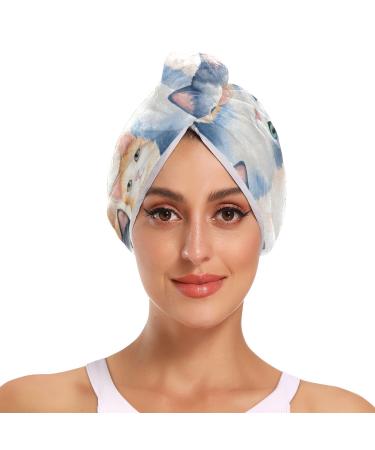 Watercolor Cats Hair Towel 2 Pack Super Absorbent Hair Drying Towel Quick Dry Hair Turbans Head Towel with Button Twisty Wrap for Women Girls