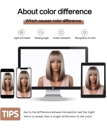 Esmee Short Straight Brown Blonde Ombre Bob Wig for Women - 14 Inch Synthetic Cosplay Wig with Fringe, Heat Resistant & Natural Hair Look - Dark Roots & Gray Highlights - Buy Online on GoSupps.com