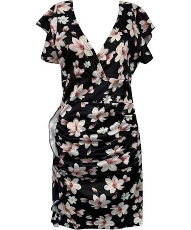Briskyry Women's Summer V-Neck Floral Business Dresses | Elegant Festival & Party Dresses with Ruffled Hem - Vintage Style L Black - Buy Online on GoSupps.com
