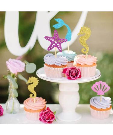 Morndew 24 PCS Glitter Starfish Shell Hippocampus Mermaid Tail Cupcake Toppers Ocean Theme Party Birthday Party Baby Shower Wedding Party Decoration - Buy Online on GoSupps.com