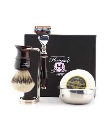 Haryali London Men's Shaving Set 5-Edge Razor with Silver Tip Badger Brush Stand Bowl and Soap