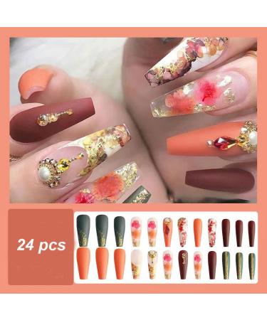 Magrace Brown French Tip Extra Long Press-On False Nails with Designs - 24 pcs | Stick-On Nails for Women | A-7 - Buy Online on GoSupps.com