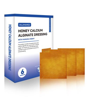 DILUMAMED Manuka Honey Calcium Alginate Dressing 2x2 (Pack of 6) Manuka Honey Wound Care for Cuts Skin Tears Burns Pressure Sores Diabetic Ulcer