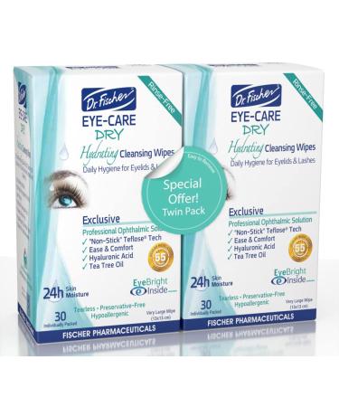 Dr. Fischer. Eyelid Wipes Eye Treatment for Blepharitis  Red  Dry Eyes. Purified Makeup Remover for Lid & Eyelash. 60 Large Size Cleansing Wipe Pads