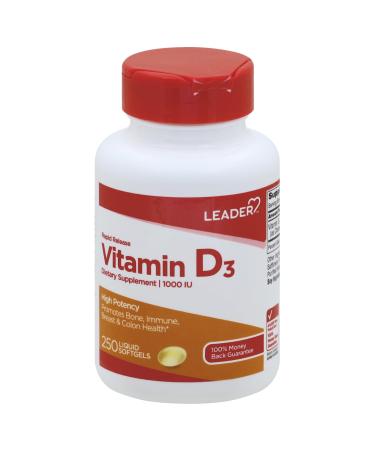 Leader Vitamin D 1000IU Softgels 250 Ct Supports Bone Teeth & Immune Health Essential Daily Supplement 1 Count (Pack of 250) Vitamin D