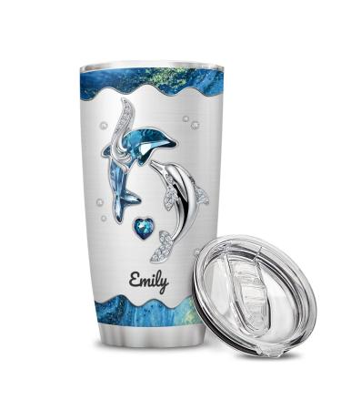 Wassmin Personalized Dolphin Tumbler Cup With Lid 20oz 30oz Custom Name Animal Stainless Steel Double Wall Vacuum Insulated Tumblers Coffee Travel Mug Birthday Christmas Customized Gifts Women Girls Dolphin 1