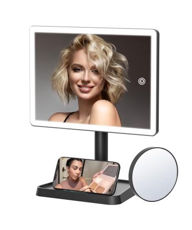 Rechargeable Makeup Mirror with Lights,Lighted Makeup Vanity Mirror with 96 LED Phone Holder and 10X Magnifying Mirror, 3Color Lighting Light Up Cosmetic Mirror with Sensor Touch Dimmable,360°Rotation Black