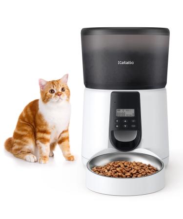 Automatic Cat Feeders, Katalic Clog-Free 4L Cat Food Dispenser with Sliding Lock Lid Storage Timed Feeder for Cat and Dogs with Voice Recorder, Programmable Meal & Portion White