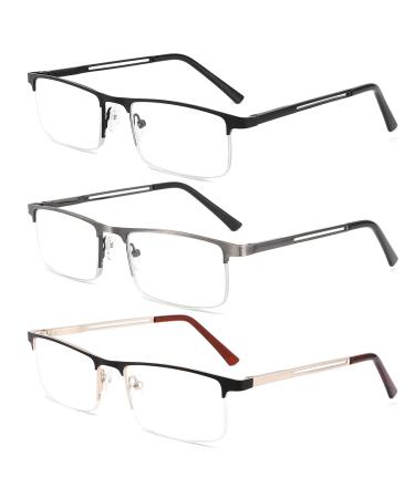 HOTJOJO 3 Pack Reading Glasses for Men Blue Light Blocking Semi Rimless Computer Readers,Metal Frame Rectangle Magnifying Eyeglasses (3 Colors, +1.50 Magnification) Black Gold Metalgun 1.5 x