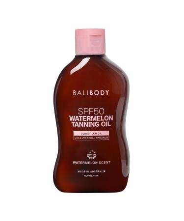 Bali Body Watermelon Tanning Oil SPF50 Tanning Oil with SPF for Dark Glow Skin Fast-Absorbing Non-Greasy Formula Hydrating Travel Size Cruelty-Free Vegan Australian Made (100ml/3.4floz)