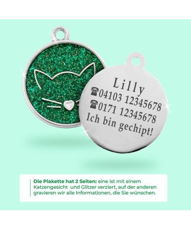 Ibera Gifts - Custom Engraved Cat Collars for Medium to Large Cats | Round Green Glitter Design with Name & Address Tags - Buy Online on GoSupps.com