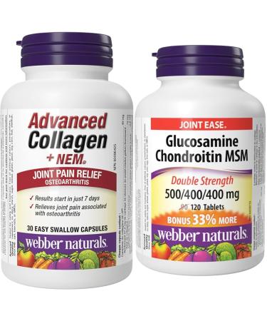 Webber Naturals Advanced Collagen with Natural Eggshell Membrane (NEM) & Glucosamine Chondroitin MSM Double Strength 120 Tablets Helps Relieve Joint Pain Associated with Osteoarthritis