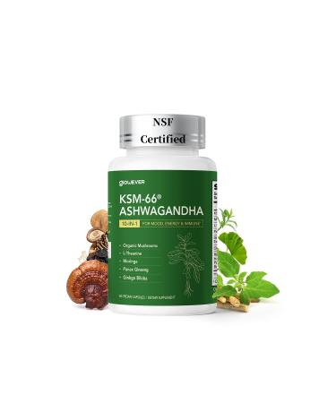 GlowEver KSM-66 Ashwagandha Supplements with L-Theanine Moringa Organic Mushrooms Complex Ginseng Ginkgo Biloba - Mood & Energy Support, Cortisol Manager, Immune Support, 60 Vegan Capsules