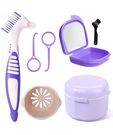 Dnom dose set dental prostheses container prostheses bath box bite can with mirror with 2x aligner distance tools for braces or dentures clean and store for travel purple
