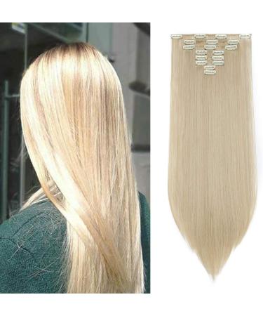 Silk-co Clip in Hair Extensions 100% Synthetic Hairpiece Extension 8pcs Long Straight Hair Pieces For Full Head 23" Blond&Bleach Blond 23 Inch Straight #Blond mixed Bleach Blond