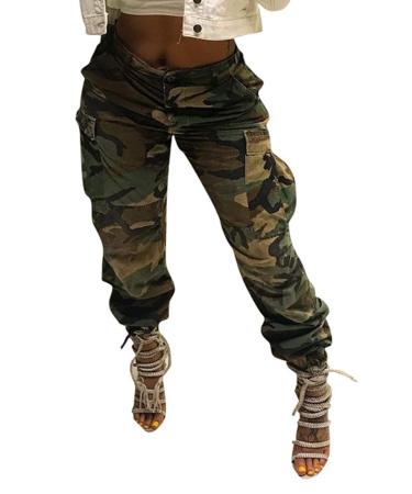 Vakkest Women's Cargo Camo Pants High Waist Slim Fit Trousers Camouflage Active Jogger Pocket Sweatpant with Belt Armygreen XX-Large