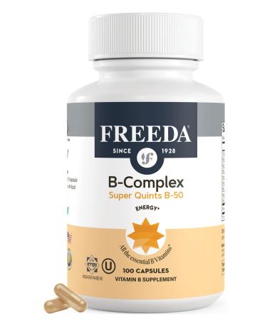 FREEDA Vitamin B-50 Complex Super Quints B-Complex with B1 B2 B3 (Niacinamide) B5 B6 Biotin Folate & B12 (Methylcobalamin) + Choline & Inositol Vegan Capsules 100 Count Made in USA 100 Count (Pack of 1)