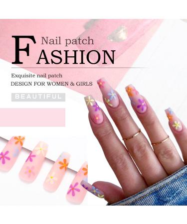 Colorful Matte Long Coffin Press on Nails - Pink Flower Design 24Pcs for Women and Girls - Buy Online on GoSupps.com