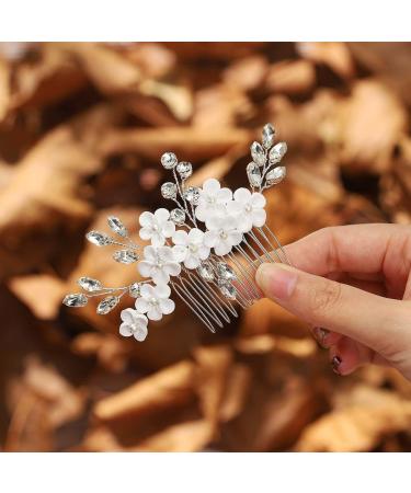 Catery Flower Bride Wedding Hair Comb Silver Bridal Hair Clips Crystal Headpiece White Flower Hair Piece Bride Hair Accessories for Women and Girls.