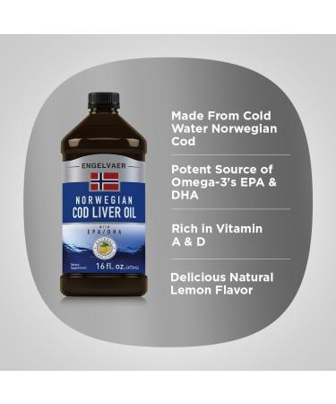 Piping Rock Cod Liver Oil Liquid | 16 fl oz | with EPA and DHA | Engelvaer Norwegian | Lemon Flavor | Non GMO Gluten Free Supplement - Buy Online on GoSupps.com