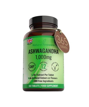 Natural Answers 365 x Ashwagandha For nxiety Relief 1000mg | 1 Year Supply Per Tablet High Strength Vegan Tablets (Not Capsules or Pills) of Pure Powder UK Made 365 Count (Pack of 1)