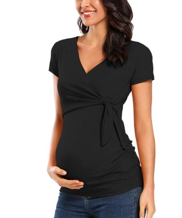 Love2Mi Women Maternity Breastfeeding Tops Long Sleeve V-Neck Cute Maternity Clothes L Black-short