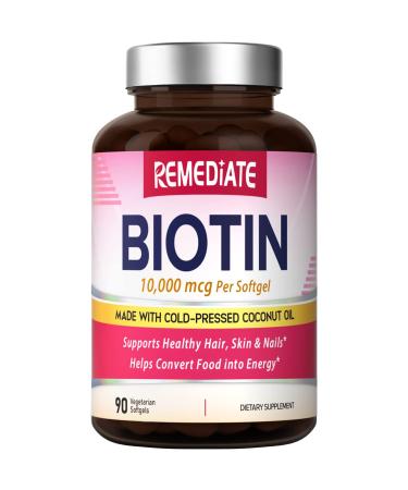 REMEDIATE Biotin with Coconut Oil 10 000 mcg for Men and Women High Potency Vegetarian Hair Skin & Nails Health Metabolism & Immunity Support Non-GMO No Gluten No Gelatin 90 Softgels