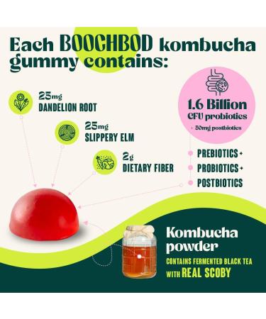 BoochBod - Probiotic Kombucha Gummy - Prebiotics Probiotics Postbiotics Fiber Supplement Slippery Elm Dandelion Root MCT Oil for Bloating Gut Health - Probiotics for Women and Men - Buy Online on GoSupps.com