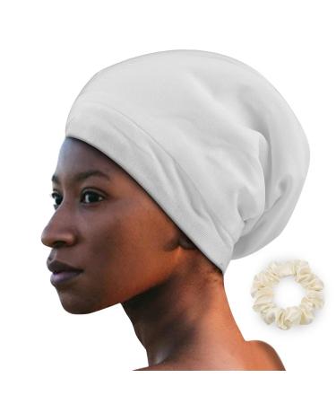 Alaska Bear - Natural Silk Lined Sleep Cap Hair Bonnet Slouchy Beanie Head Wrap Scarf Hat for Curly Dry Hair/Medium Length/Semi Thick Hair  Versatile & Adjustable  Unisex(White)