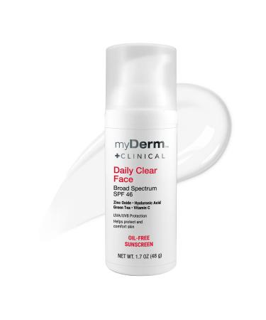 myDerm CLINICAL Daily Clear Face SPF 46 Mineral Sunscreen - 1.7oz - Formulated with Zinc Oxide & Niacinamide  Fragrance Free Sunscreen for All Skin Types - Body and Facial Skin Care Products 1.70 Ounce (Pack of 1)